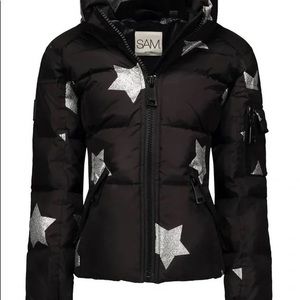SAM. Girls freestyle puffer jacket. Black with silver stars. Size 12